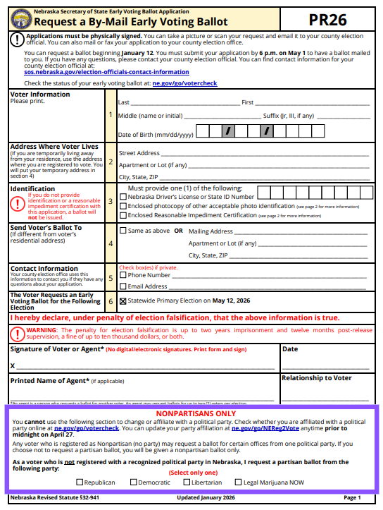 A picture of Nebraska's early voting application with the nonpartisan voting box highlighted.